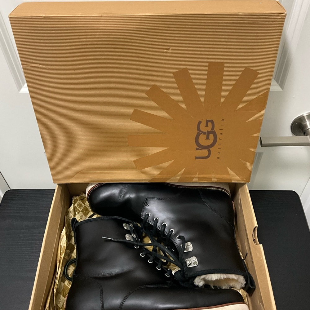 UGG Black Leather Lace-Up Boots
